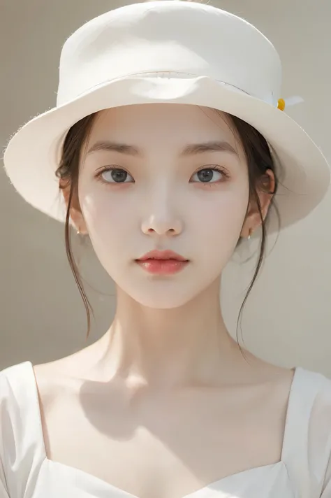 arafed woman in a white hat and dress with a red lip, pale porcelain white skin, guweiz, guweiz masterpiece, artwork in the style of guweiz, soft portrait shot 8 k, pale young ghost girl, porcelain white skin, by Russell Dongjun Lu, pale milky white porcel...