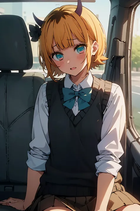 NSFW,masterpiece, top quality, high definition , very detailed ,Memucho, short haired 、 blonde hair 、 multicolor hair 、Aqua Eye、 dull bangs、horn, school uniform、 sweater vest 、 collared shirt 、 rolled up my sleeves、 brown skirt 、 bow tie ,Embarrassed,blush...