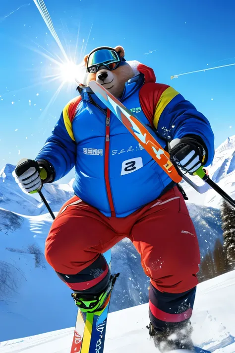 （（obesity、 Being overweight 、Being overweightのの顔 、 He was wearing glasses.、  dark brown fur））（The Bear Beast Man )(Ski、Winter sports 、 snowy mountains、Powder snow 、Ski wear、Very warm figure 、lover、boyfriend） hold ski stock in hand、Glide、 snowy mountains、Sl...