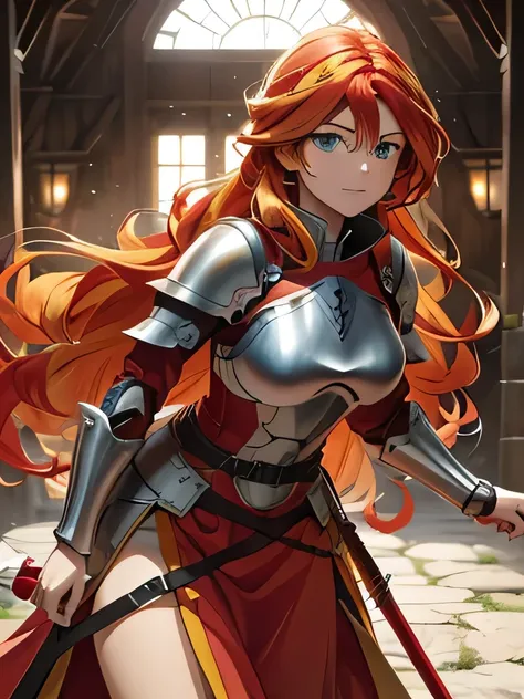 Sunsethuman, female, red and yellow hair, wavy hair, as a medieval knight