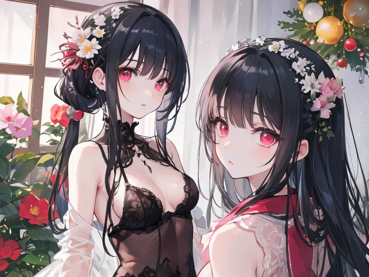  dignified expression 、Fleeting、Transparency、 long hair on background、flower、cool、 gradient hair、 ray tracing、masterpiece、correct、 pink lips、Slim feminine face、 white skin、Small Mouth、whole body、 Black Lingerie 、 smaller breasts、Lower Body、 black hair,  re...