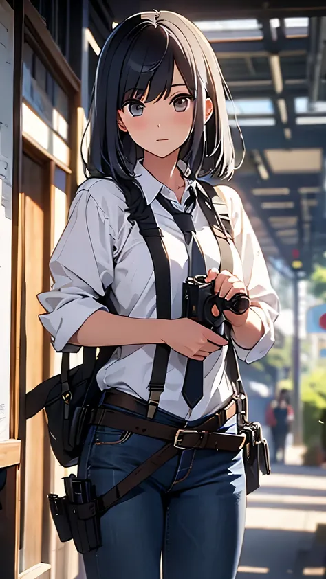 beautifulwoman japanesewoman suspender gun holster blackmask belt longhair arrested japanesewoman jeans Finger Cuffs backcuffs backhandcuffed