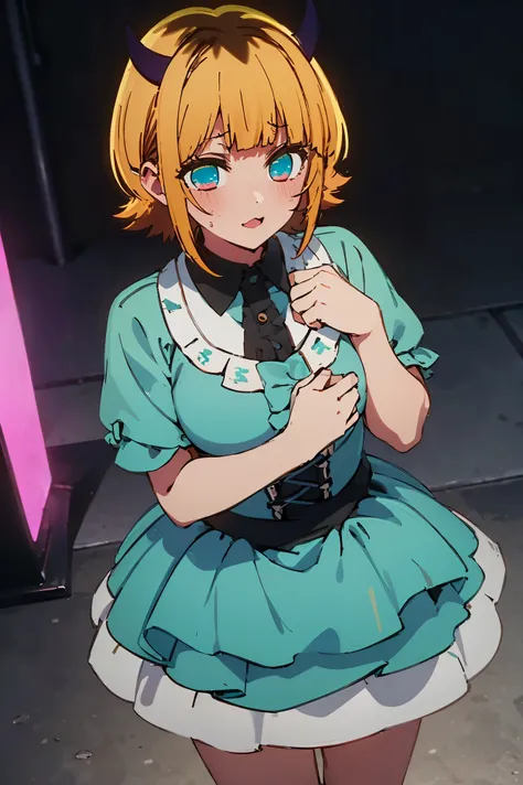 NSFW,masterpiece, top quality, high definition , very detailed ,Memucho, short haired 、 blonde hair 、 multicolor hair 、Aqua Eye、 dull bangs、horn, idol costume , dress,blush