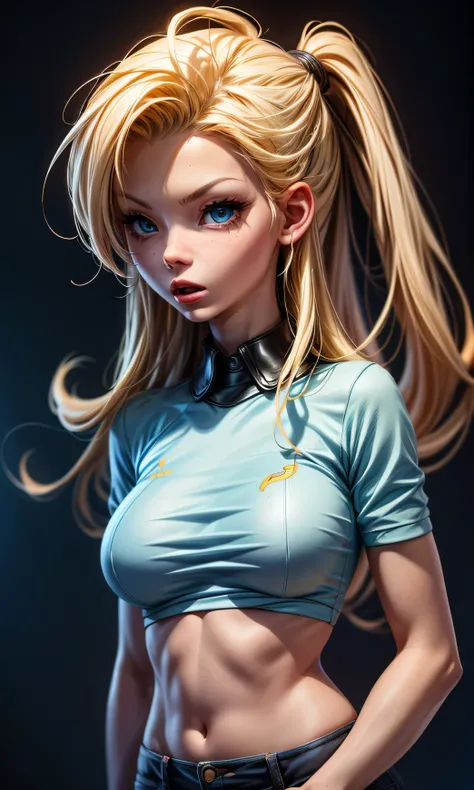 masterpiece, a girl, s, thin and tall, beautiful, blue eyes, blonde hair, full body , flat chest , skinny, pijama amarillo, pijama de SpongeBob, dark background,