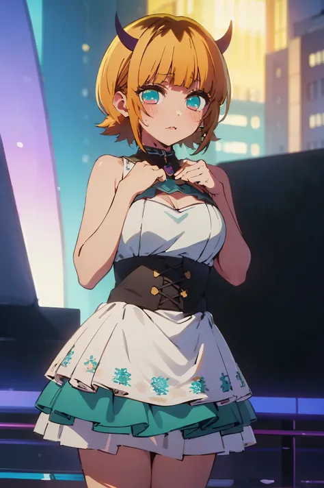 NSFW,masterpiece, top quality, high definition , very detailed ,Memucho, short haired 、 blonde hair 、 multicolor hair 、Aqua Eye、 dull bangs、horn,Idol,Idol衣装, dress,blush