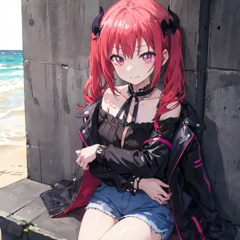 Urban site
Night time
Satanichia McDowell
With pretty magenta eyes 

long red hair tied with 2 pigtails

and leaning against a wall sitting in a beach pose dressed in ripped black jeans and a long sleeve black blouse with a comfortable and light colored co...