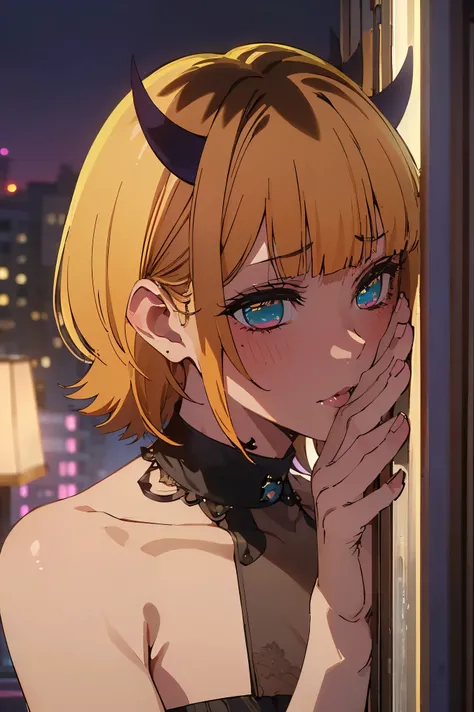 NSFW,masterpiece, top quality, high definition , very detailed ,Memucho, short haired 、 blonde hair 、 multicolor hair 、Aqua Eye、 dull bangs、horn,(Prostitute:1.5), Love Hotel,Luxurious Room,pink light,(prostitution:1.5),( lustful face:1.5),blush