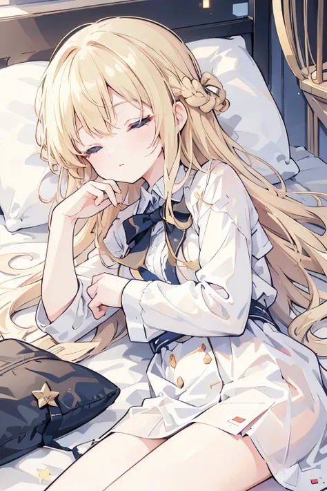 sleep　 girl　Wavy long hair　Blonde　Lying down　Curl up　night　good night　star　Sleeping soundly　 nightgies 　 girl　