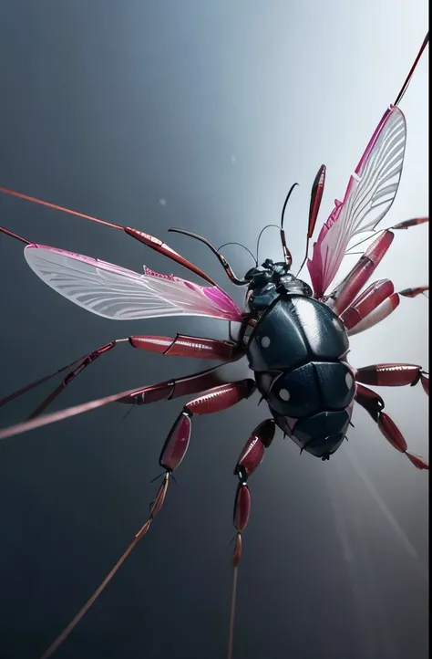 big pink crustacean-like creature with a pair of transparent wings, spiraling gray shell-like structure where the head should be, beetle-like abdomen, crab-like claws, and six thin legs floating in the ai