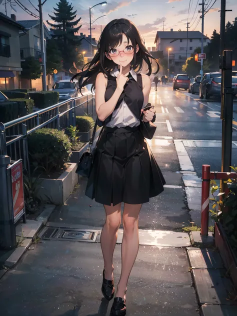 Anime - Illustration of a woman in high school clothes, sleeveless shirt:1.5, anime character, official character art, neat and serious, full body, female anime girl, Posing:1.5, dark long hair, parted bangs, glasses, (Tanned:1.0), Looking at camera, (Emba...