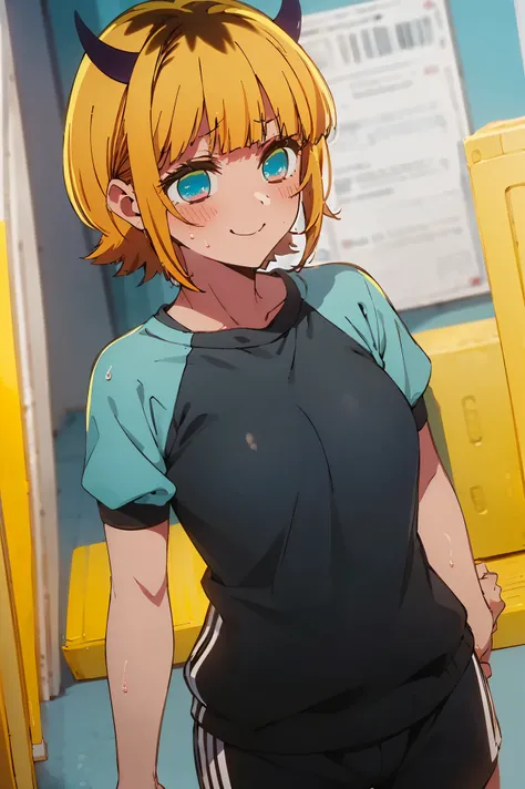 NSFW,masterpiece, top quality, high definition , very detailed ,Memucho, short haired 、 blonde hair 、 multicolor hair 、Aqua Eye、 dull bangs、horn, workout clothes, spats,blush,smile,Heavy breathing,Sweating, wet body, clothes are transparent