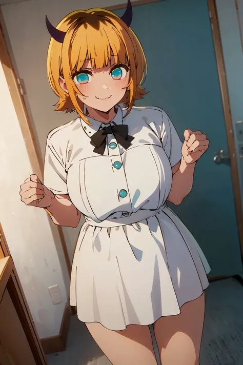 NSFW,masterpiece, top quality, high definition , very detailed ,Memucho, short haired 、 blonde hair 、 multicolor hair 、Aqua Eye、 dull bangs、horn,Idol,Idol衣装, dress,blush,smile