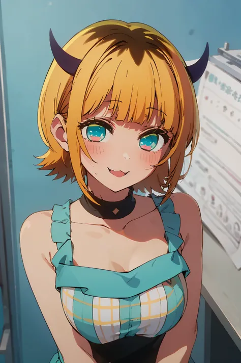 NSFW,masterpiece, top quality, high definition , very detailed ,Memucho, short haired 、 blonde hair 、 multicolor hair 、Aqua Eye、 dull bangs、horn,Idol,Idol衣装, dress,blush,smile