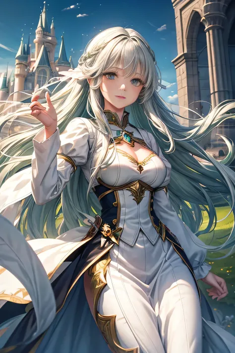  1 woman，Greenish silver hair， long hair on background，In front of the castle gate， animated illustration，The White Mage Outfit ， ultra high resolution ， Anatomically Correct ， uses magic，