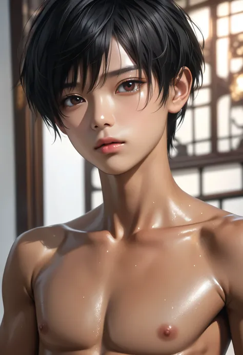 high quality, detailed, photo Realistic, (1 female to male),transgender,(22 years old tanned cute japanese), (detailed black eyes), (black short hair),(abs),(tanned shiny skin:1.3), small breasts, black tiny thong,(detailed nipples), palace bedroom, (best ...