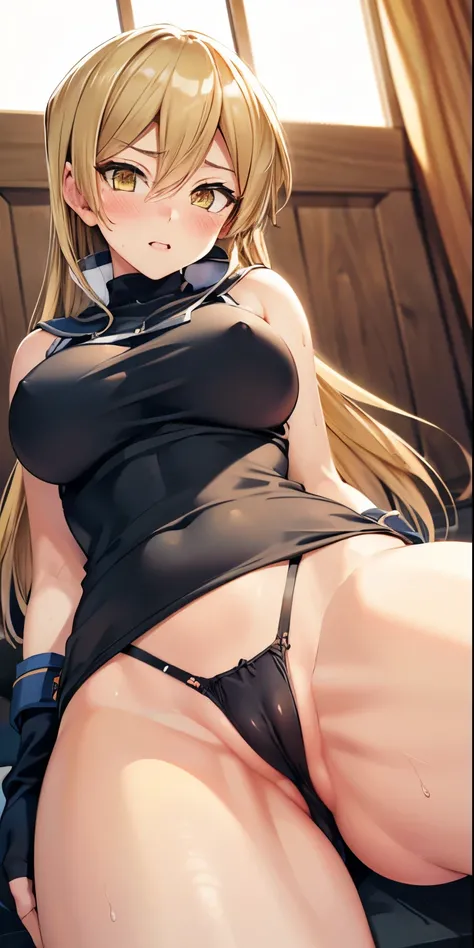 1 Female,High definition,high resolution,Ultra-realistic,8K,ta1,blonde hair,long hair,yellow eyes,white jacket, sleeveless, fingerless gloves,large breasts,(black thong),European,sexy,Upper body close-up,Photographed from the front,Dynamic Angles,blush, me...