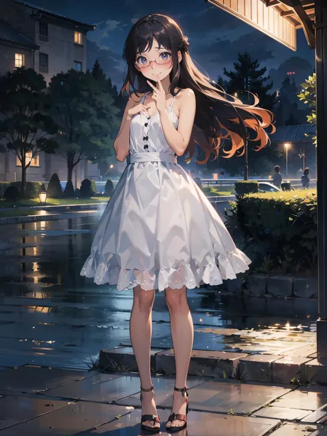 Anime - Illustration of a woman in one-piece dress, summer outfit:1.5, anime character, official character art, neat and serious, full body, female anime girl, Posing:1.5, dark long hair, parted bangs, glasses, (Tanned:1.0), Looking at camera, (Embarrassed...