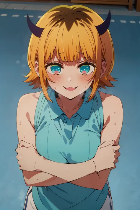 NSFW,masterpiece, top quality, high definition , very detailed ,Memucho, short haired 、 blonde hair 、 multicolor hair 、Aqua Eye、 dull bangs、horn, tennis wear ,blush,smile,Heavy breathing,Sweating, wet body