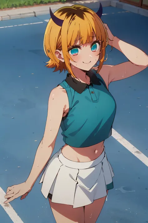 NSFW,masterpiece, top quality, high definition , very detailed ,Memucho, short haired 、 blonde hair 、 multicolor hair 、Aqua Eye、 dull bangs、horn, tennis wear , sleeveless, crop top, Miniskirt,blush,smile,Heavy breathing,Sweating, wet body