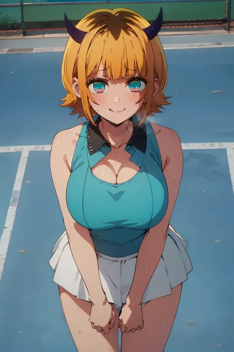 NSFW,masterpiece, top quality, high definition , very detailed ,Memucho, short haired 、 blonde hair 、 multicolor hair 、Aqua Eye、 dull bangs、horn, tennis wear , sleeveless, crop top, cleavage, Miniskirt,blush,smile,Heavy breathing,Sweating, wet body