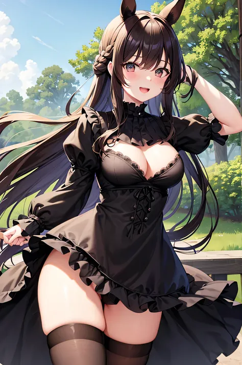 masterpiece, best quality, highres, aasato, long hair, half updo, braid, hair between eyes, animal ears, ear ornament, horse tail, breasts, frills, black ascot, green dress, (sleeves past wrists:1.2), black thighhighs, cowboy shot, standing, outdoors, smil...