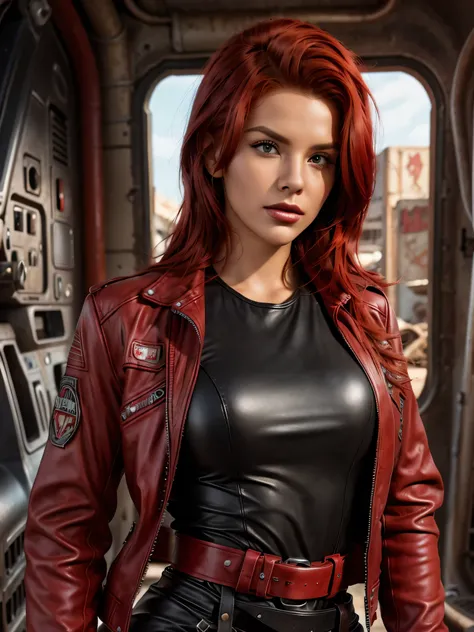 wasteland outlaw, red hair, black leather jacket, patches, retrofuturism, fallout, 50s