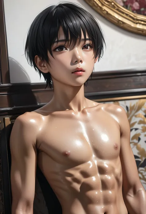 high quality, detailed, photo Realistic, (1 female to male),transgender,(22 years old tanned cute japanese), (detailed black eyes), (black short hair),(abs),(tanned shiny skin:1.3), small breasts, black tiny thong,(detailed nipples), palace bedroom, (best ...