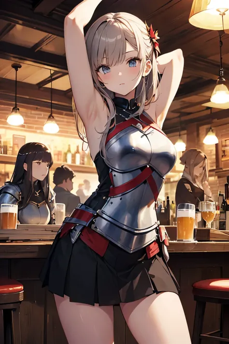 A group of young female knight, (In the pub), Various hairstyles, Harem, 穿着装甲衣服,  metal armor , night, Detailed face, , Short skirt, Lure, sword, sleeveless ,  showing armpits, night, starry night 