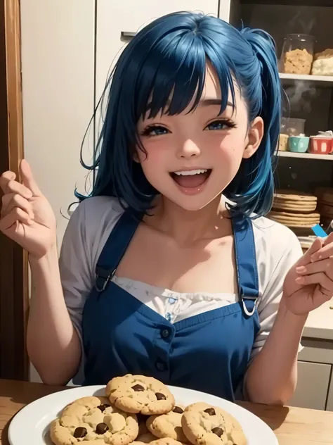 blue hair,  a girl laughing, open mouth, background full of cookies,