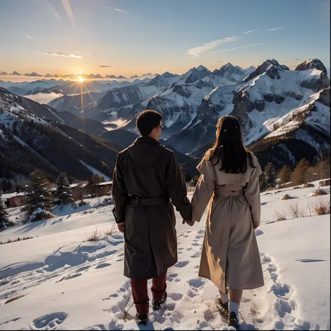 The couple stands together on a mountain ridge at dawn, holding hands, with hope shining in their eyes. The golden sunrise bathes the snowy peaks, and a distant monastery radiates peace, symbolizing their spiritual connection and strength.