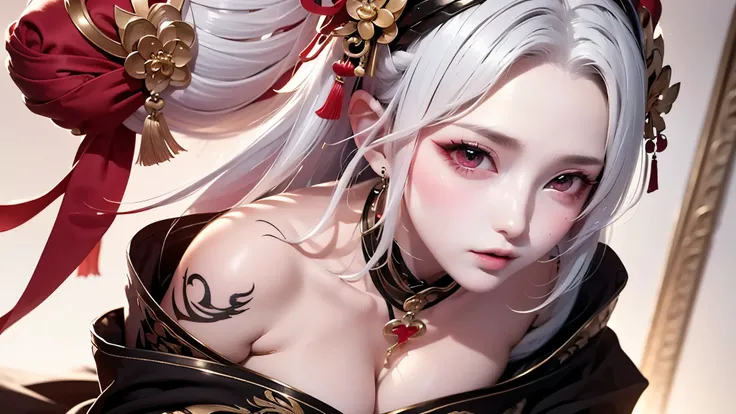 super high quality, masterpiece, Perfect illustration, Very detailed:1.6, 1girl, 23 years old, cute girl, white hair, sharp and big beautiful eyes, large breasts, bright skin, Tattoo under the eyes. fantasy royalty, onmyoji, majesty, asian dress. black and...