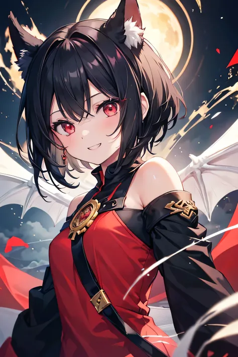  1 girl,  High Resolution, Short hair, shill, Black hair, Red eyes,  Hair Jewelry , Canine teeth, smile, รอยsmileยั่วยวน, Dragon Hill,  flickering light , สไตล์Anime, Anime, 