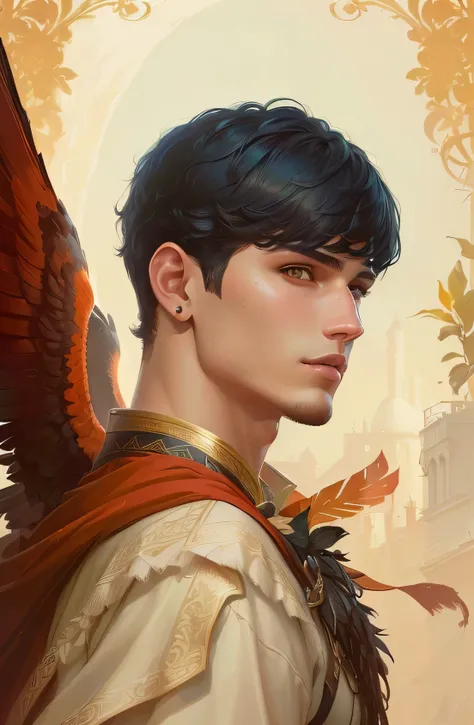 a close up photo of a 25 year old guy, tropical latino skin with black bowl cut hair, macaw wings, neoartcore and charlie bowater, charlie bowater art style, winged boy, Edmund Blair and Charlie Bowater, charlie bowater and artgeem, Handsome guy in Demon S...