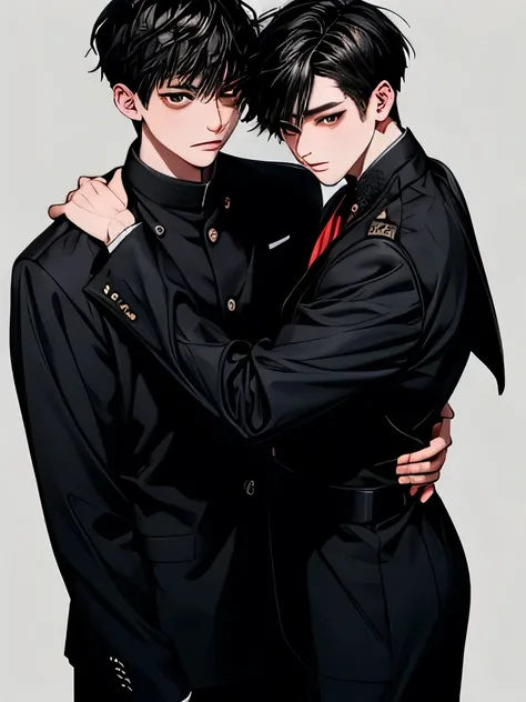 (high quality, detail eyes and face, perfect eyes, realistic) two boys, they are same height, two boys heights are 179cm, thin and tall, oval and realistic faces, Korean school uniforms, high school students, black hairs, stand and hug, dark, anxiety, fear...