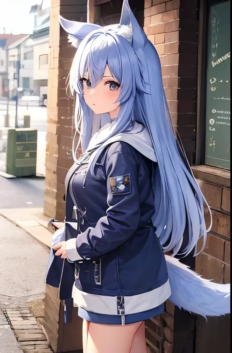 (( top quality))、(( high image quality))、( Details)、 1 girl、 Ice Lavender Colored Hair、Wolf ears and tail、 Brown Eyes 、 long hair、Around town、Navy blue long parka、 shorts that will leave your neck bare、 long boots、Big Breasts、