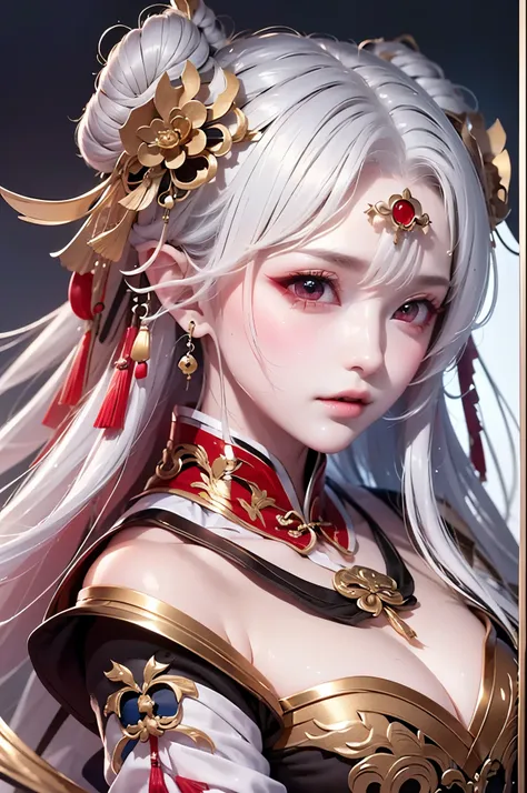 super high quality, masterpiece, Perfect illustration, Very detailed:1.6, 1girl, 23 years old, cute girl, white hair, sharp and big beautiful eyes, small breasts, bright skin. fantasy royalty, onmyoji, majesty, asian dress. black and gold clothes. simple b...