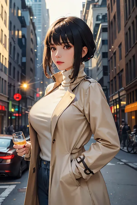 Female,  1 girl, alone, portrait, leaf, bangs, sidelocks,20-year-old, ((short hair)), Surrealism, (large breasts, glamorous body), (beige trench coat, turtleneck sweater),(a glass building that reflects the lights of buildings and the city, bokeh), eye ref...