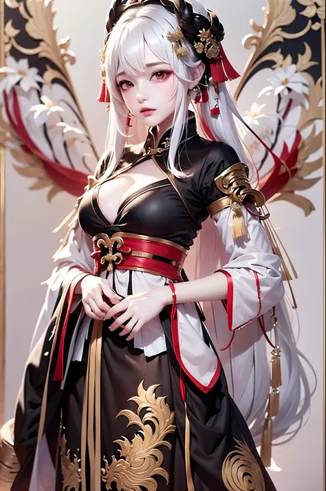 super high quality, masterpiece, Perfect illustration, Very detailed:1.6, 1girl, 23 years old, cute girl, white hair, sharp and big beautiful eyes, medium breasts, bright skin. fantasy royalty, onmyoji, majesty, asian dress. black and gold clothes. simple ...