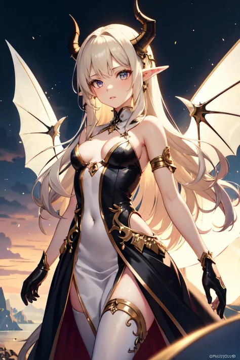  A petite girl ,  but a very beautiful figure .  She has colorful eyes ,  short and wavy blond hair .  She has crystal curved horns on her head , elf ears.  She is wearing a light fantasy dress . She is a dragon ,  so she has wings and an elegant tail behi...