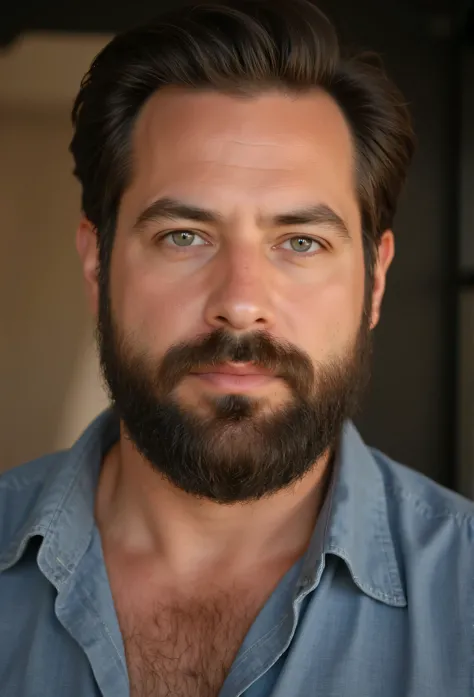 Create an ultra-realistic 8K resolution portrait of a very handsome, rugged, and slightly slim yet muscular man in his 40s. He has a neatly trimmed beard and a slightly hairy chest visible above a stylish shirt. His physique, while lean, shows well-defined...