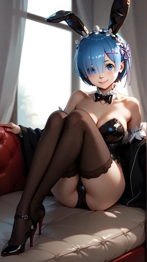 REM (Re:Zero), Bunny costume 18+, stockings,  heels, sweet smile, изображения realism, realism,  each element is well drawn.