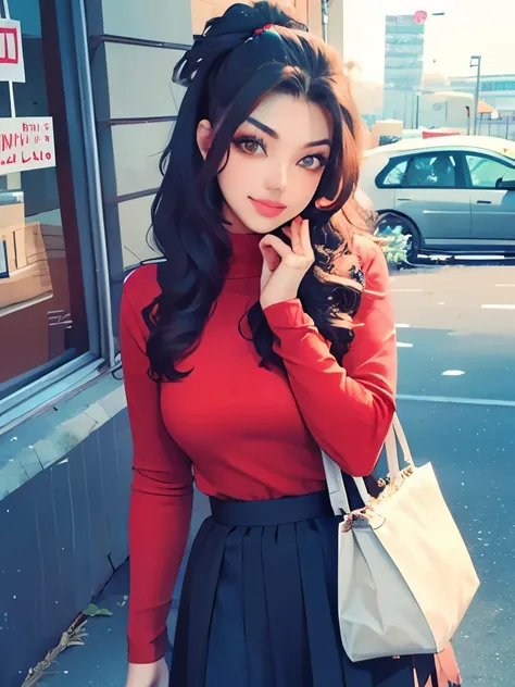 a woman in a red sweater and black skirt holding a white bag, a pastel by Max Buri, instagram, realism, ruan jia beautiful!, bae suzy, blackpink jennie, korean womens fashion model, roseanne park of blackpink, with cape, dilraba dilmurat, cropped shirt wit...