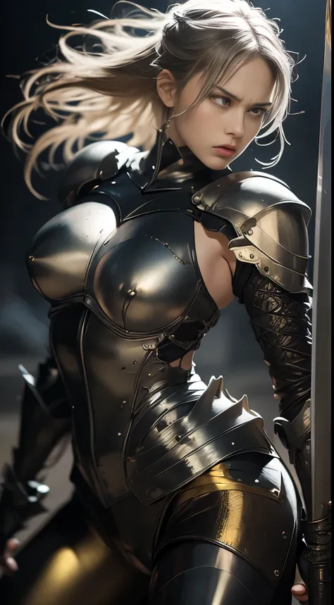 NSFW, 8k, best quality, highres, realistic, real person, A dramatic scene of the same fierce and muscular female knight with golden hair, now in a defensive and struggling pose. She is wearing light armor that reveals her muscular abdomen and arms, and her...