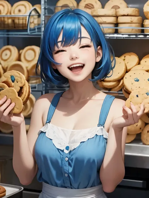 blue hair,  a girl laughing, open mouth, background full of cookies,