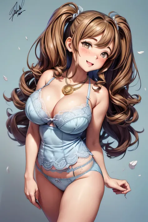 (  Masterpiece  ),  top quality,   expressive eyes ,  perfect face,  artwork,  top quality,  Ultra Details , 1 Female,  long hair,((ものすごいBig Breasts:1.2)), ((Curly hair)),  ruffle dress, A cheerful smile,  facial freckles, (( old photo effect )),  Big Brea...