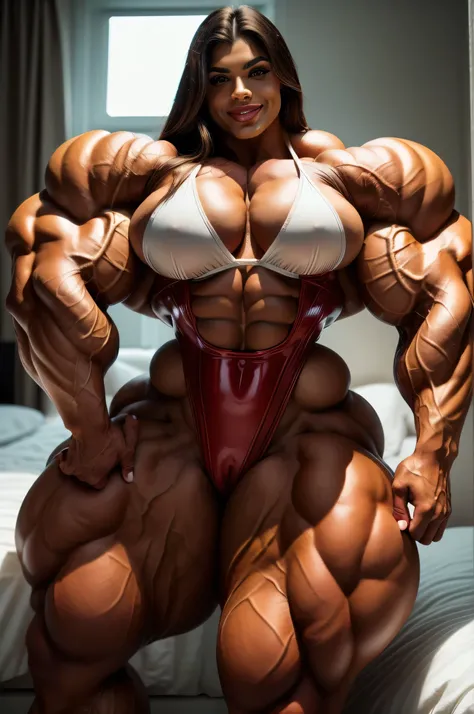 Full body shot, unbelievably dominant and seductive snarling lips, dominant and superior muscles, huge and bulging muscles, flexing thick packed muscles. lean and buff gorgeous brazilian, very fit wide hips, thick ifbb pro bodybuilder and posing her very h...