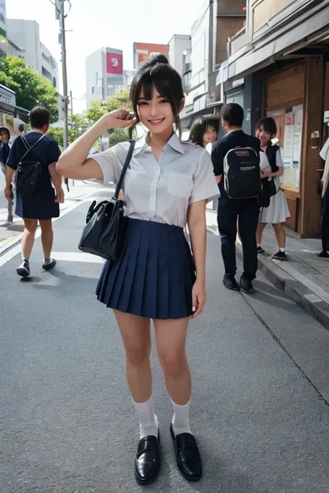  1japanese school girl, white short sleeve dress shirt, white folded socks, navy blue pleated skirt, black loafers, school shoulder bag, low ponytail, bang, black hair, smile, standing, in street of harajuku, BREAK, (full body shot:1.2), BREAK, (masterpiec...