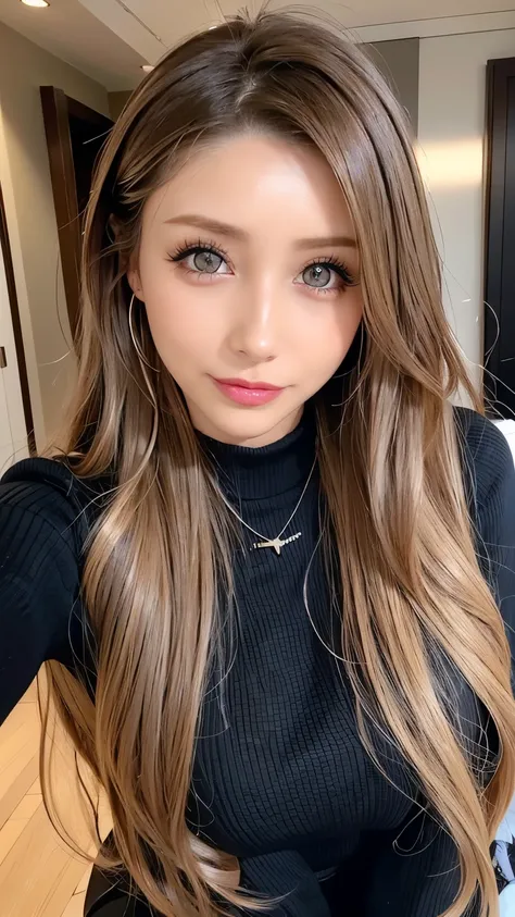 ( cowboy shooting、     top quality、8k、       award-winning works       、         super high resolution)、       beautiful woman、(     Black sweater     , Sexy cleavage:1.1)、Perfect big breasts、( blonde alone      :1.1)、     beautiful skin that shines with b...