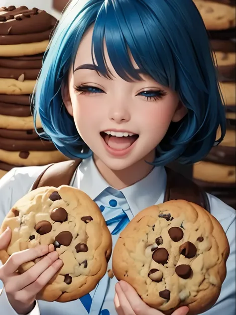 blue hair,  a girl laughing, open mouth, (background full of cookies:1.3),