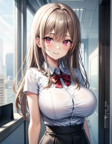 (large breasts:1.55),(shiny,hair),((solo)),((masterpiece)),((best quality)),perfect anatomy,slim waist,perfect image,8k UHD,(beautiful detailed eyes:1.5),extremely detailed face,standing,(upper body:1.2),(look at the front:1.5),(arms behindback),ultra-deta...